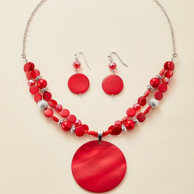 3PCS Bohemian Ethnic Style Exaggerated Personality Red Round Pendant Earring Necklace Women's Holiday Party Accessories