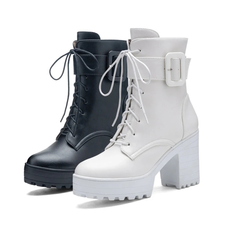 SIMLOVEYO Mortorcycle Ankle Boots Buckles Round Toe 9cm Block Heel Lace Up White Black Big Size 42 43 US12 Fashion