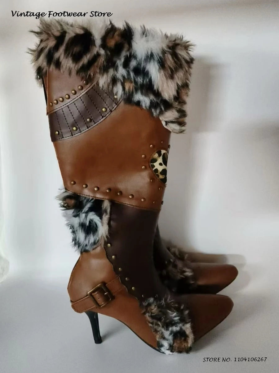 Leopard Faux Fur Studded Knee Boots Vintage Splicing Pointed Toe Thin Heels Trendy Shoes Autumn Winter Plus Size Warm Snow Boots