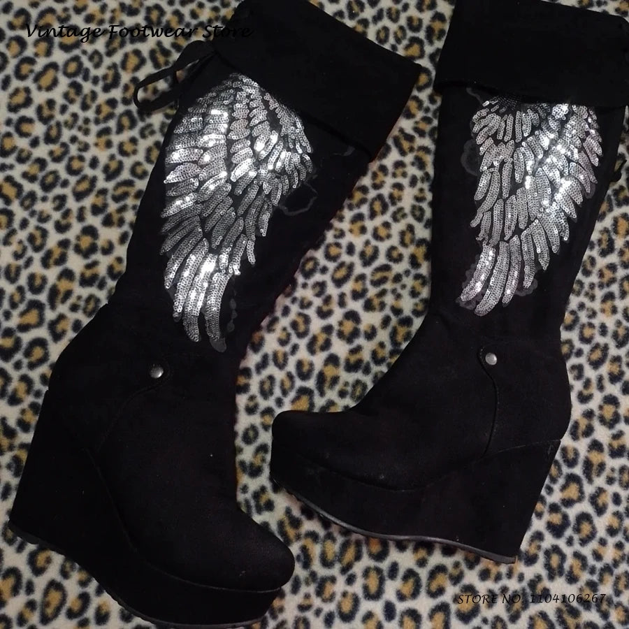 Sequins Angle Wings Knee-high Boots Fashion Round Toe Hight Wedges Platform Shoes Street Style Glittering Trending Suede Boots