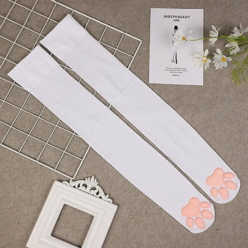 3D Cat Paw Thigh High Transparent Stockings Japanese Style Cute Pink Paw Print Sheer Tights Kawaii Lolita Cosplay Long Socks