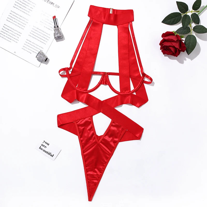 See Through Black Porn Bandage Hot Sensual Body Sexy Lingerie Bodysuit Women Halter Hollow Out Open Bra Thong Exotic Clothing