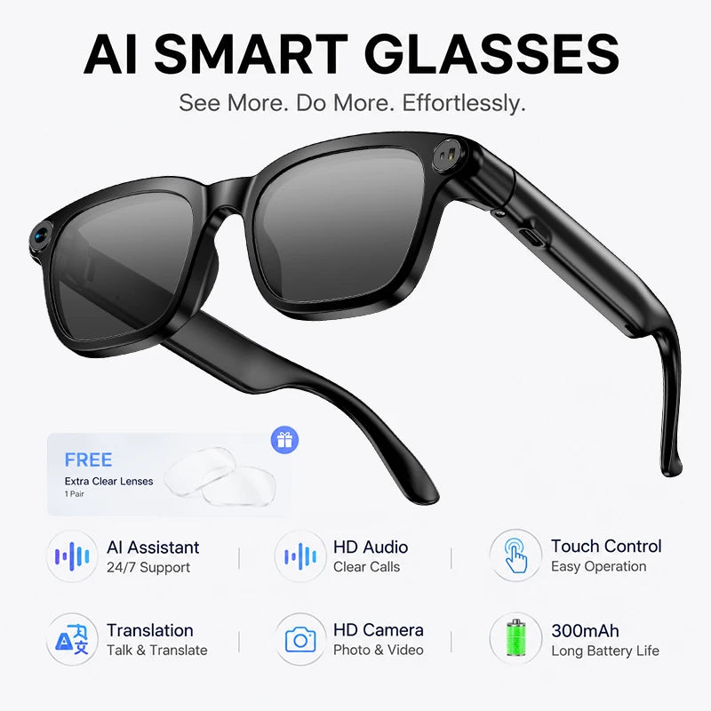 2026 New Smart Glasses 800W HD Camera Video Record AI Assistant Touch Control Translation HD Audio 300mAh Battery Smart Glasses