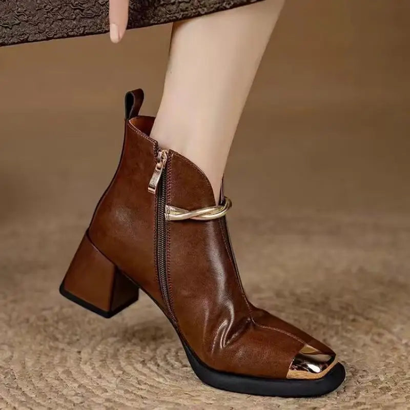 Designer Metal Decorat Thick High Heel Ankle Boots Wome Winter 2026 Warm Short Plush Black Short Boots Woman's Elegant Booties