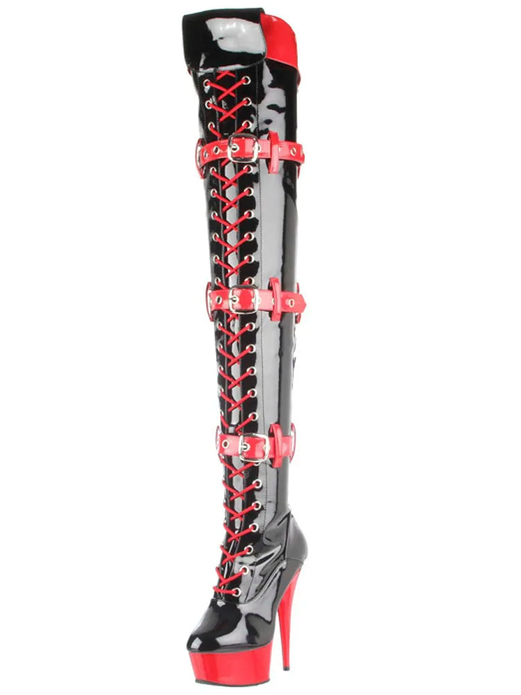 Women 6 Inch Platform Lace Sexy Shoes Pole Dance 15cm Gothic Thigh Boots High Heels Exotic Buckle Mixed Color Stripe Boots