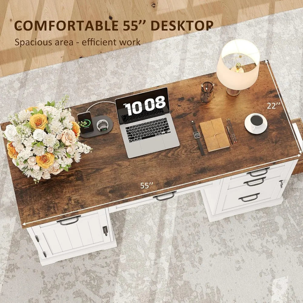 Whalefall 55'' Farmhouse Desk Home Office with Drawers, White