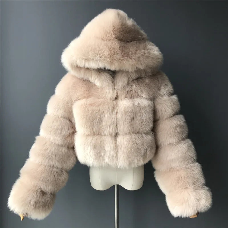 2026 Women Winter Plus Size Faux Fur Croped Coat Female Furry Hooded Long Sleeve Plush Jacket Lady Fake Fur Warm Fluffy Cardigan