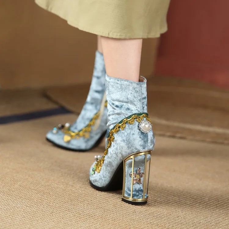 Royal Gemstone Jeweled Flower Velvet Ankle Boots Floral Crystal Cage Fretwork High Heels Blue Red Black Woman Bridal Booties