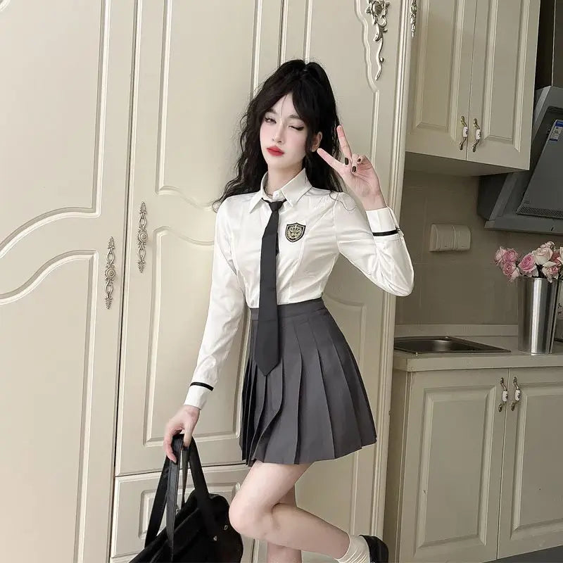 2025 improved daily jk uniform summer new white short/long sleeve shirt + pleated skirt jk uniform two-piece set for women w237