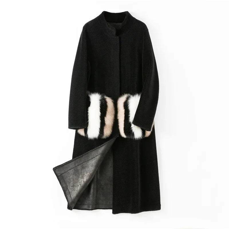Pudi Women Winter Real Wool Fur Coat Jacket Over Size Parka Lady Fashion Natural Fox Fur Pocket Coats Outwear H68290