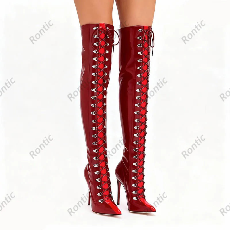 Rontic Custom Crafted Blue Thigh High Boots Stiletto Heel Design Red Detail Laces Pointed Toe Patent Leather Artisan Size 5-15