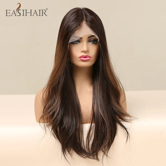 EASIHAIR Lace Front Hair Wigs Brown Long Straight Synthetic Lace Wigs for Black Women Daily Cosplay Party Heat Resistant Fibers