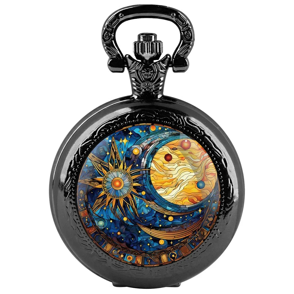 Vintage Sun and Moon Pendant Glass Dome Pocket Watch Souvenir Chain Clock Arabic Numerals with Personality Gift for Women Men