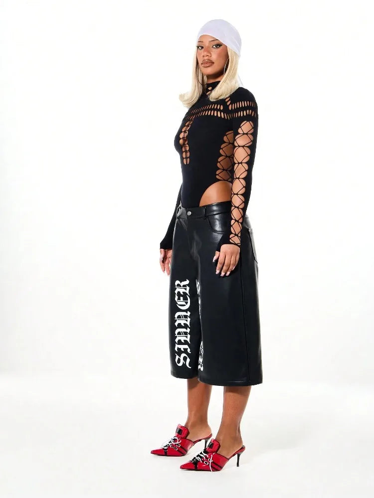 FHSEER SummerWomen's Y2K Sexy Bodysuit High Neck Bodycon Front Cutout & Lace-up Mesh Sleeve Stretchy Edggy Clubwear Streetwear