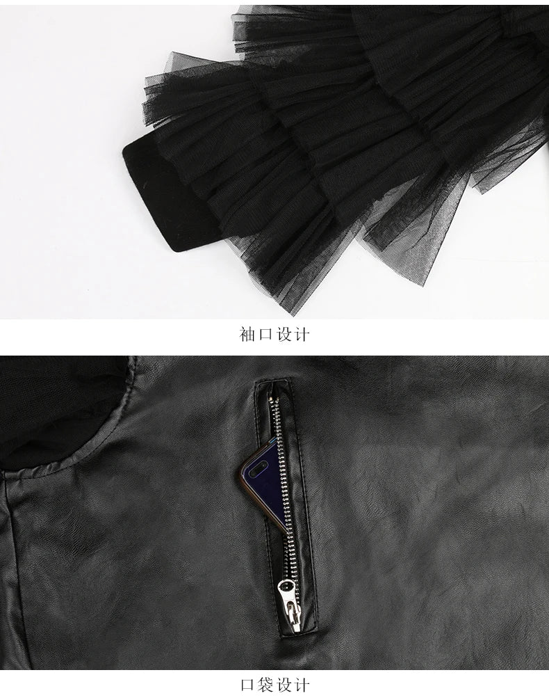 Nerazzurri Spring Autumn Loose Black Faux Leather Jacket Women with Lace Long Sleeves Zipper Belt Luxury Elegant Fashion 2022
