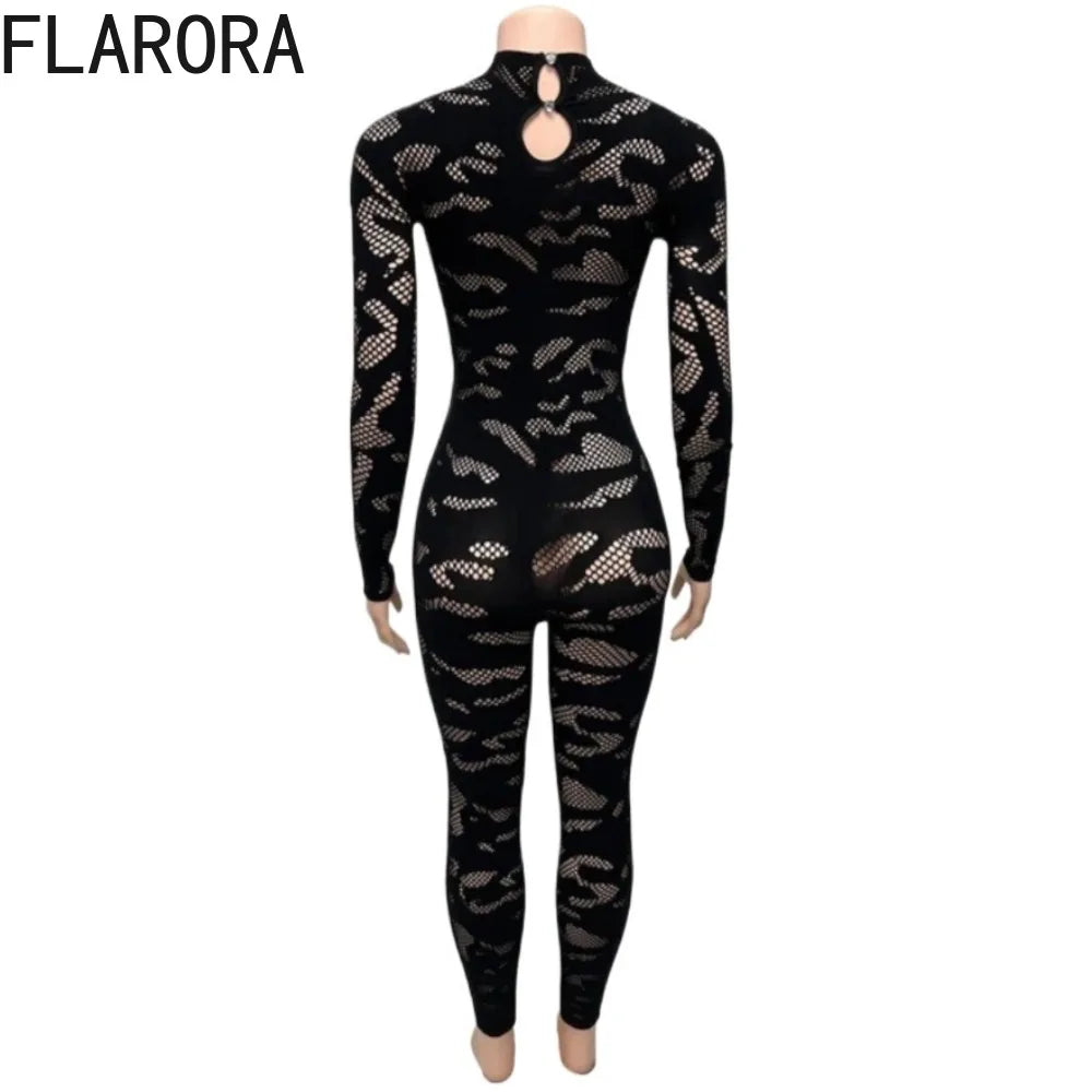 FLARORA Sexy Lace See Through Patchwork Jumpsuits Woman Round Neck Full Sleeve Bodycon Peach Hip Hottie Stretch Street Clubwear