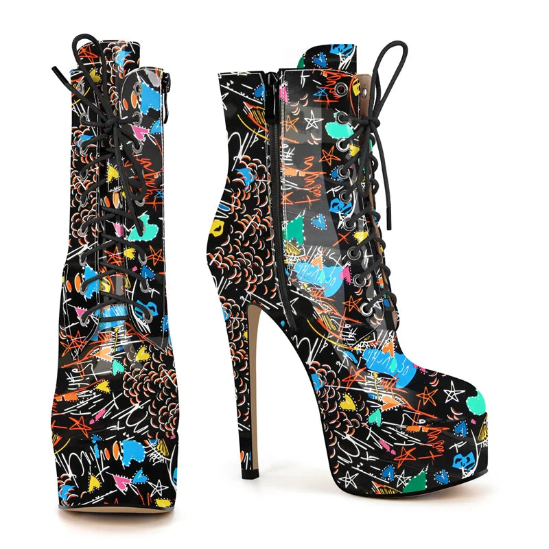 Onlymaker Women Round Toe Platform Lace-up Stiletto Printed Side Zipper Stiletto High Heel Ankle Boots
