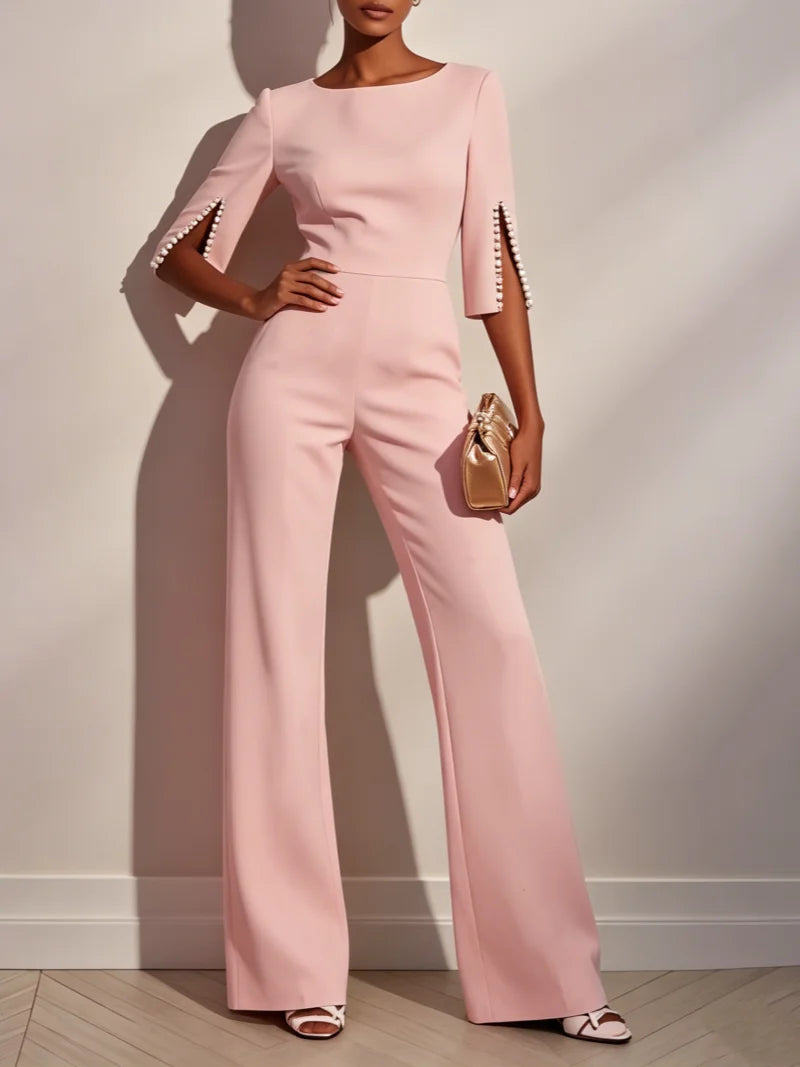 Women Round Neck Pearl Sleeve Wide Leg Jumpsuit Elegant Office Lady Fashion Spring Autumn