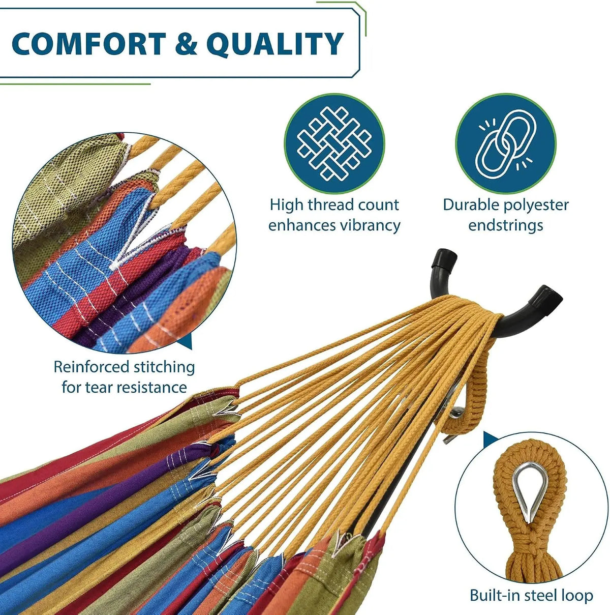 Double Cotton Hammock with Steel Stand, 450 lb Capacity, Portable with Carry Bag