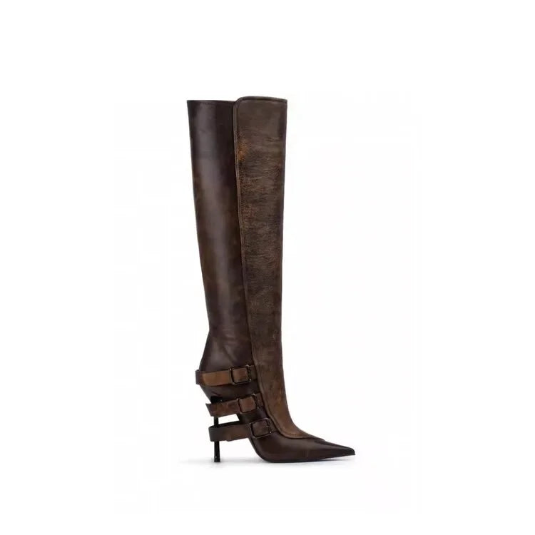 New Belt Buckle Stiletto High Heels Knee Length Boots Autumn/Winter Women's Fashion Pointed Party 34-46 Large Medium Boots