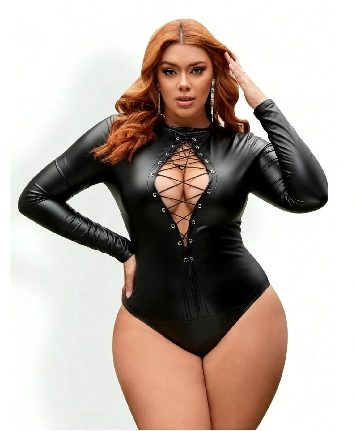 Plus Size Women Leather Bodysuit Lace Up Long Sleeve Romper Clubwear Party