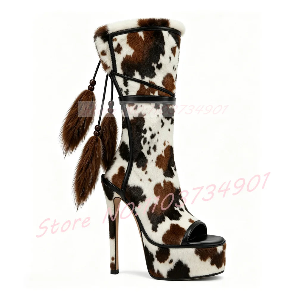 Cow-Print Plush Fluffy Tail Charm Boots Women Pony Hair Stiletto Heel Platform Open Round Toe Boots Trendy High Heels Streetwear