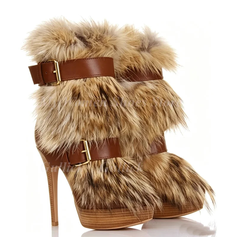 Fur Knee High Platform Boots Thin High Heel Buckle Strap Zipper New Arrivals Hot Sale 2026 Winter Women Dress Shoes Handmade