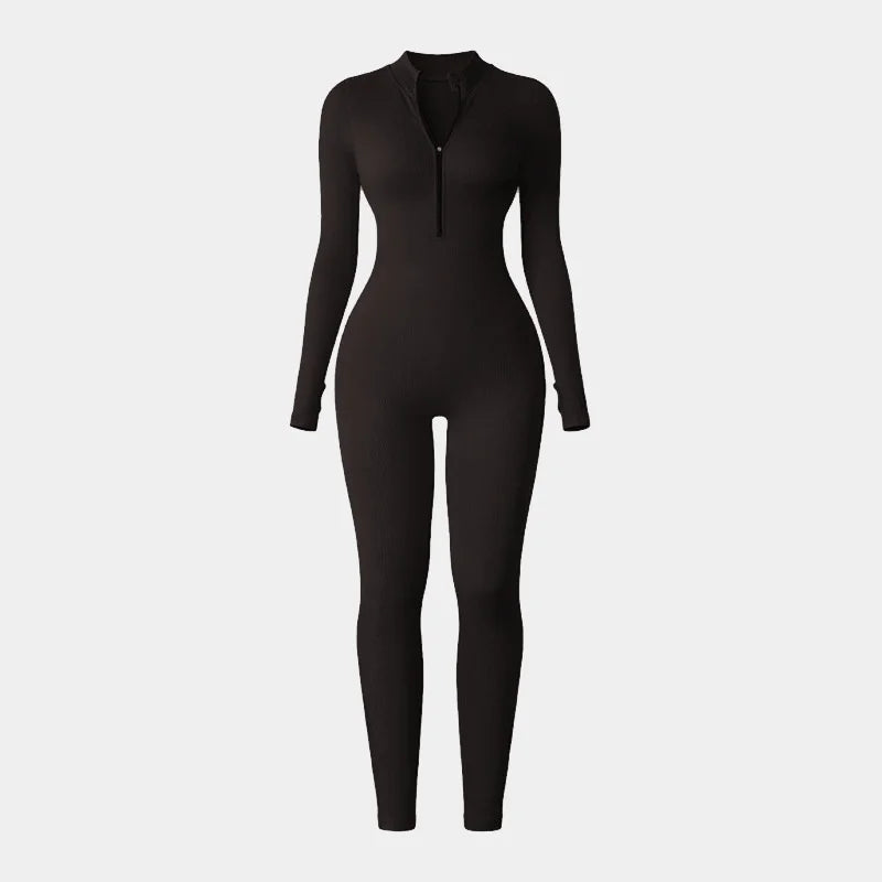 Screw Zipper Long Sleeve Jumpsuit Woman Slim Gym Workout Running Yoga Jumpsuits Women V Neck Tight Sports Fitness Clothes