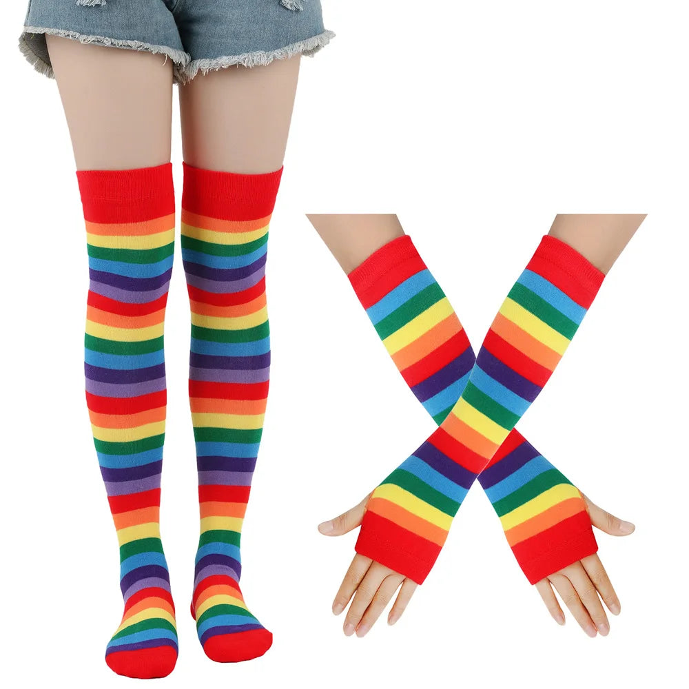 Women Fancy Rainbow Stripes Over Knee Long Socks Elbow Gloves Set Halloween Cosplay Costume Knitted Stretchhy Thigh High