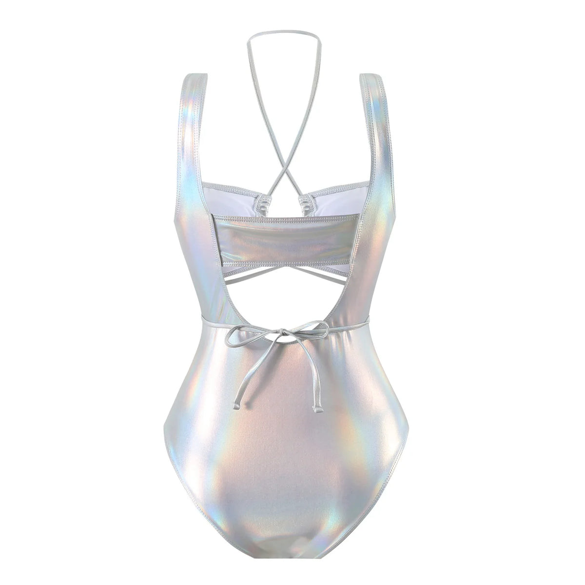 Sexy Glitter Metallic Halter Swimsuit One Piece Hollow Out Tie Bikinis Swimwear Bodysuits Women Biquini Bathing Suits Tankini