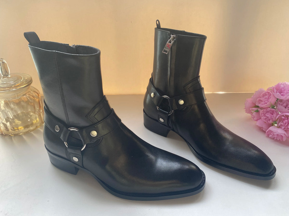 Brown Men Chelsea Boots Handmade High-quality Cow Suede Business Casual Square Toe Mid-heel Men Shoes Motorcycle Boots With Heel