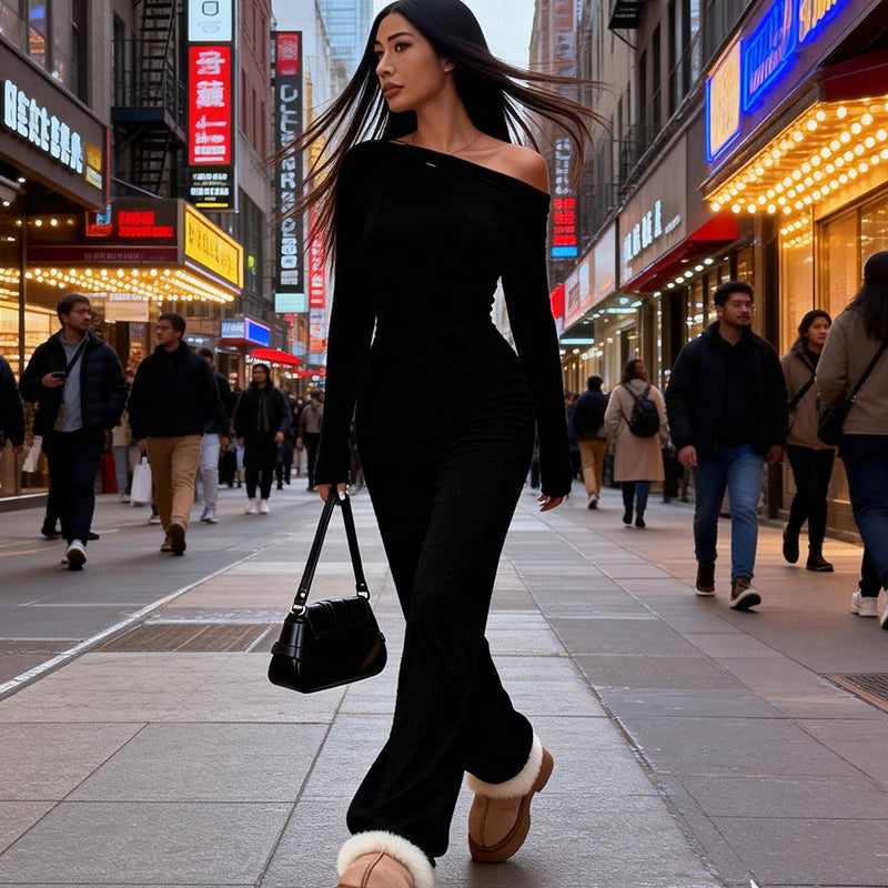 European American Autumn Fashion Casual Comfortable Slim Fit Sloping Shoulder Long Sleeved Women's Solid Color Long Jumpsuit