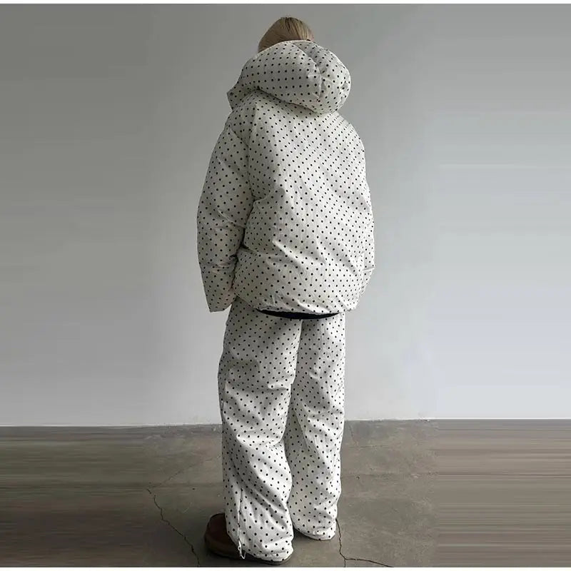 Polka Dots Hooded Cotton Coats Trousers Set 2026 Winter Loose Zippers Drawstring Jacket Elastic Waist Pants Women's Warm Outfits