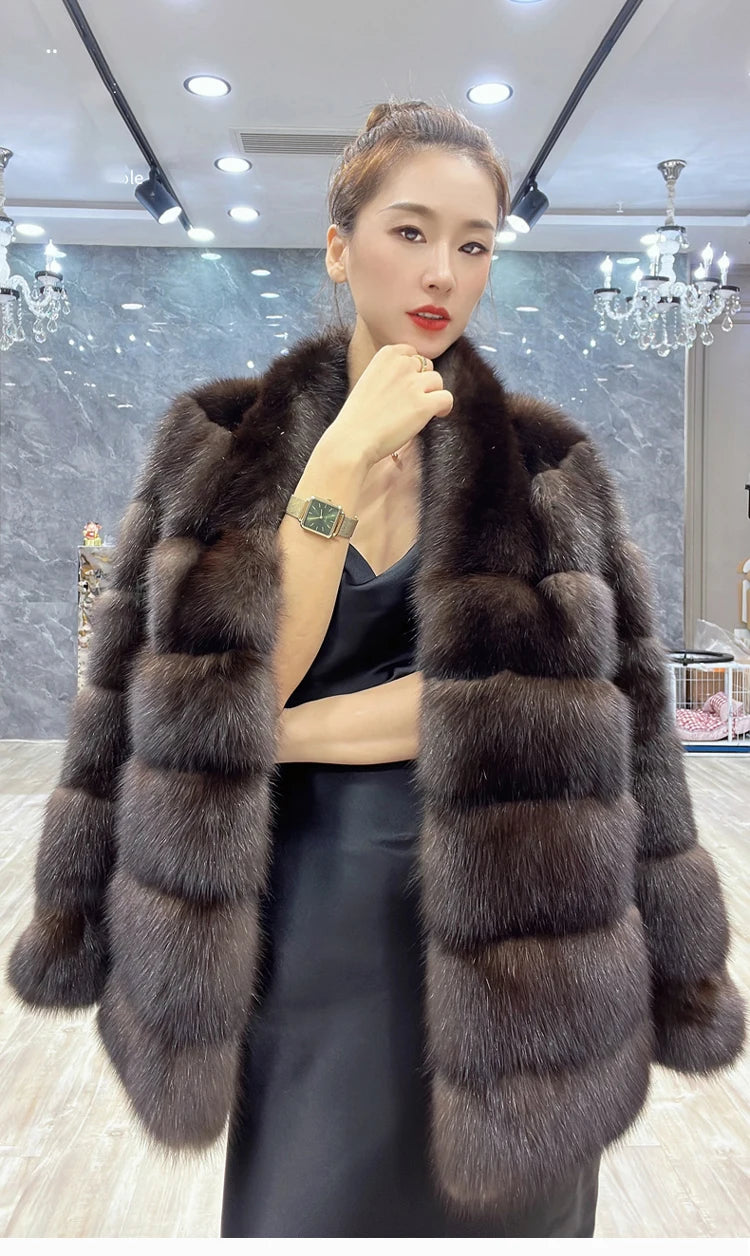 Lautaro Autumn Winter Elegant Luxury Chic Thick Warm Striped Hairy Faux Sable Fur Coat Women V Neck High Quality Fluffy Jacket