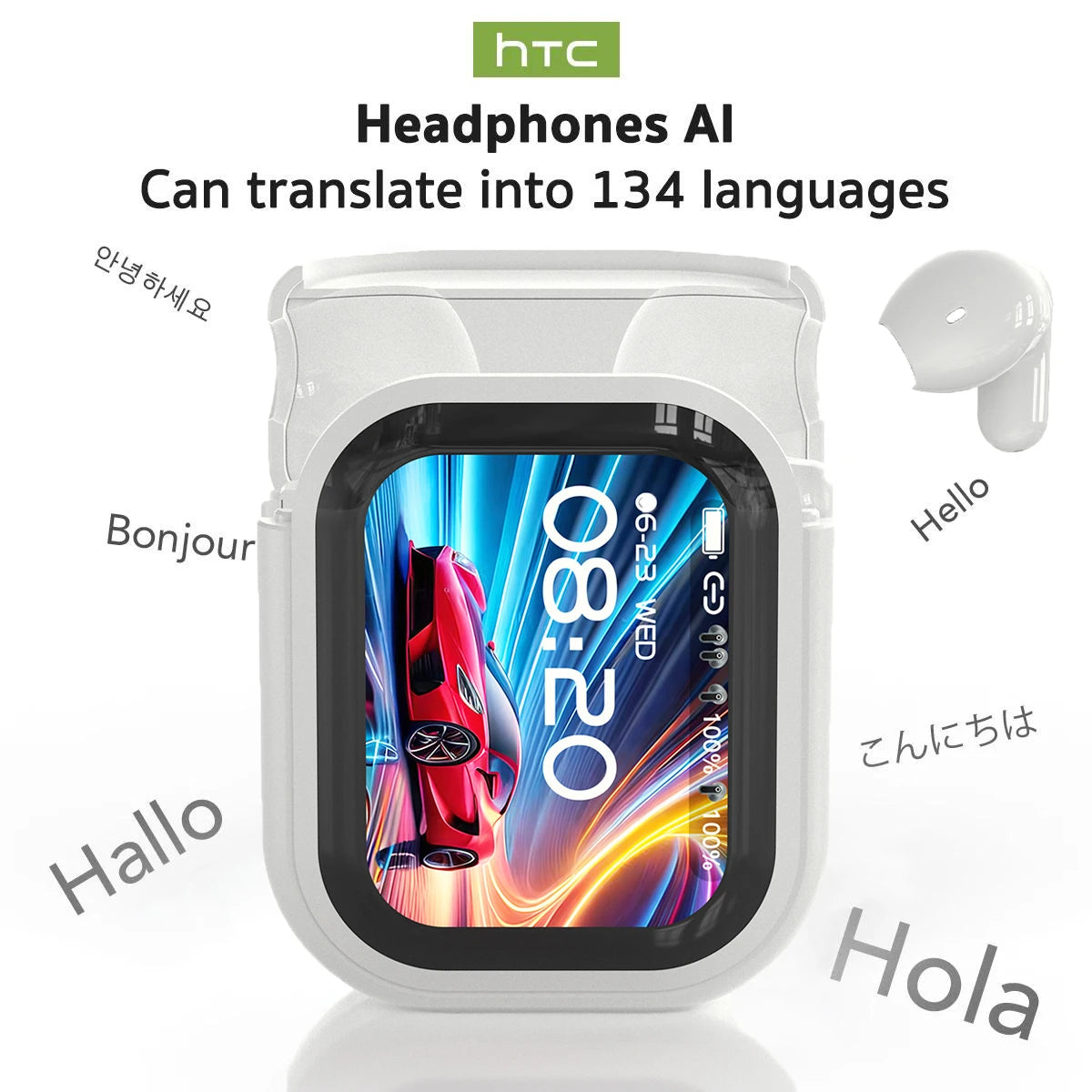 HTC NE20 AI Translation Earbuds - ANC Noise Cancelling, Touch Screen, 135 Lang. Support, Business Conference, Travel Headphones