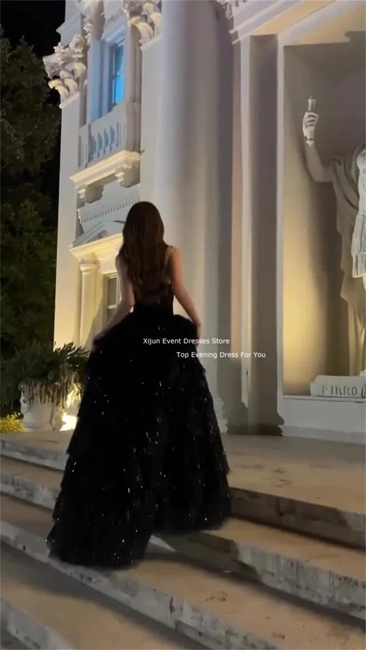 Xijun Glitter Black Long Evening Dresses Sleeveless Princess Tiered Ball Gowns Formal Occasion Graduation Party Dress For Teens