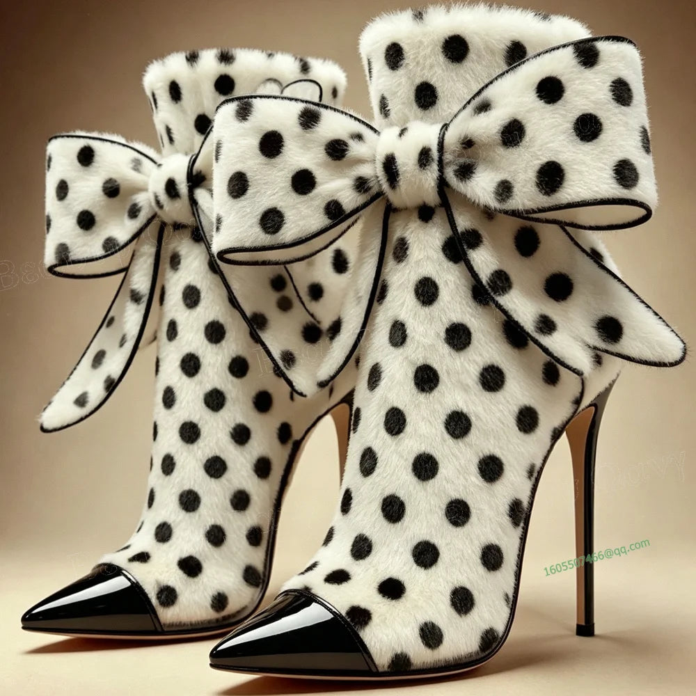 Black Toe Bow Knot Ankle Boots Polka Dots Front Pointed Toe Thin Heels Shoes High Heel Shoes for Women New Zapatos Para Mujere