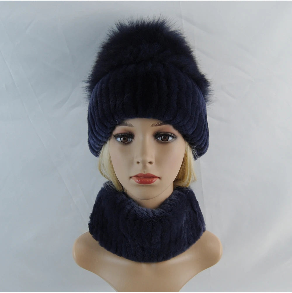 New Winter Lady Brand Hand Make Real Genuine Fox Fur Hat Scarf Girls Natural Real Rex Rabbit Fur Ring Cap Real Fur Scarves Hats