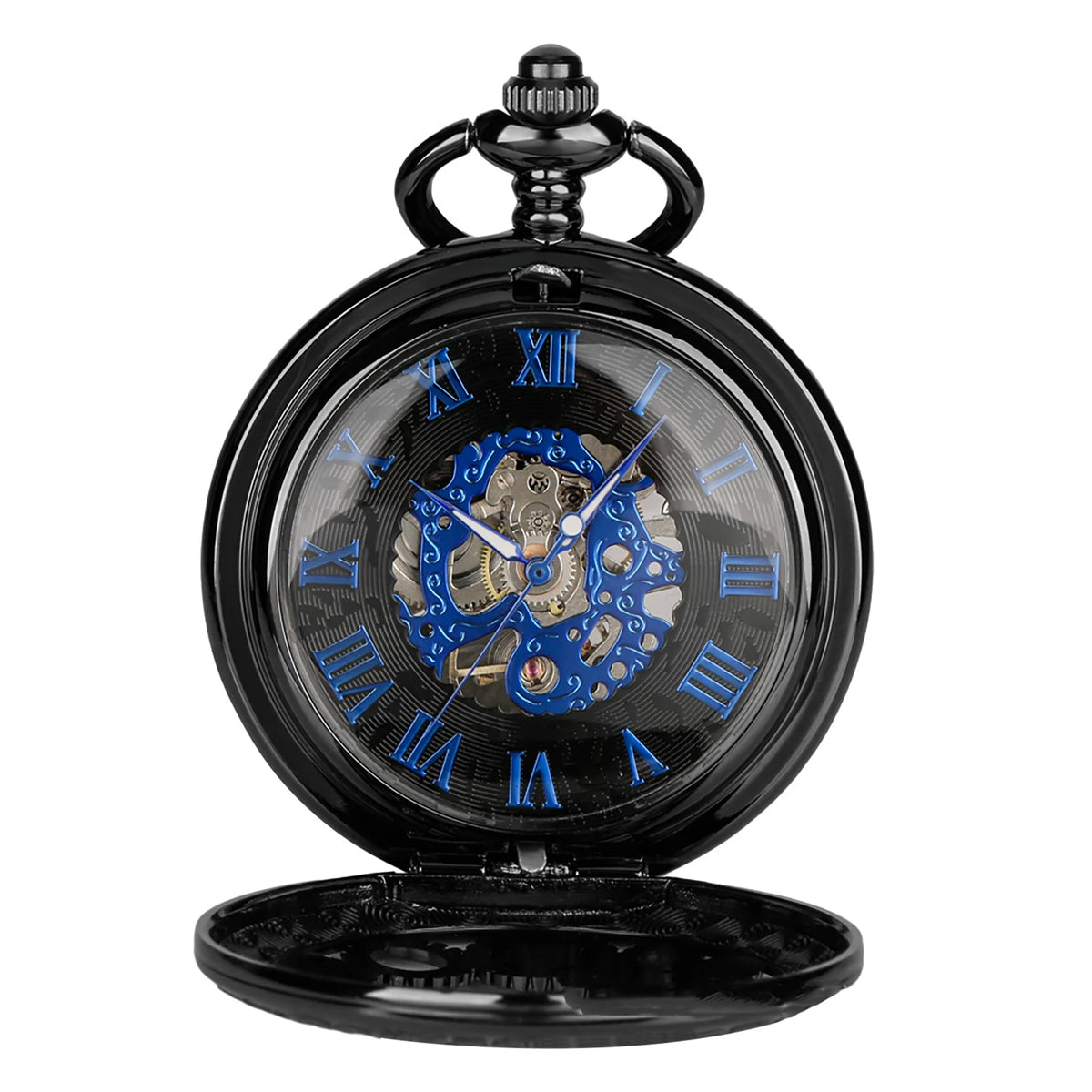 Manual Men's Mechanical Pocket Watch Hollow Design Roman Numerals Vintage Metal Pocket Watch Clock Chain Pendant Blue