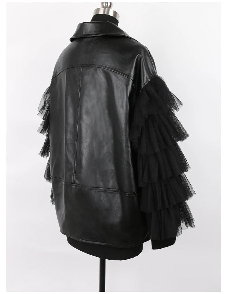 Nerazzurri Spring Autumn Loose Black Faux Leather Jacket Women with Lace Long Sleeves Zipper Belt Luxury Elegant Fashion 2022