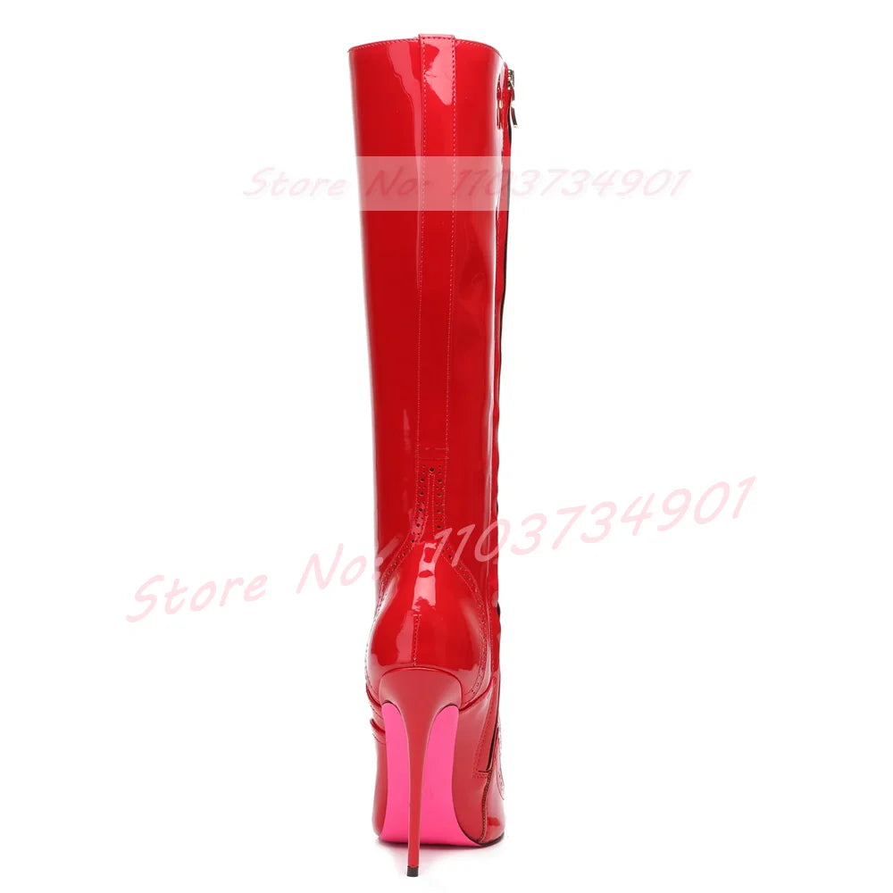 Pink Sole Zipper Knee Length Boots Women Sexy Nightclub Lace Up Pointy Toe High Heels Boots Lady Party Nifty Punk Fashion Shoes