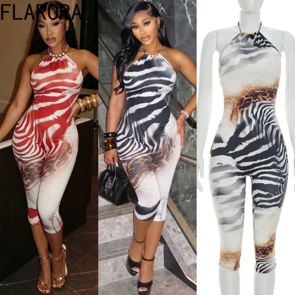FLARORA Sexy Zebra Stripe Print Jumpsuits Woman Halter Sleeveless Backless Skinny Peach Hip Playsuits Hot Girl Street Overalls