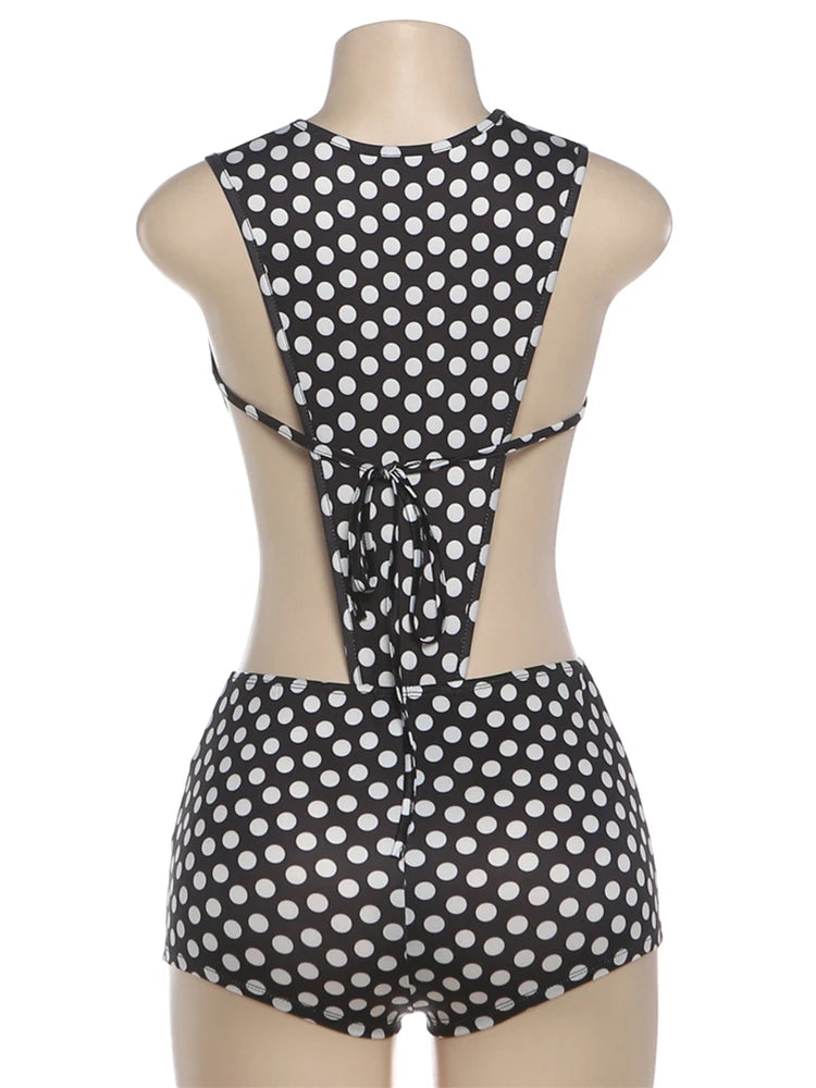 Weird Puss Polka Dot Sexy 2 Piece Set Women Side Split Sleeveless Bandage Bodysuit+Shorts Matching Hipster Party Clubwear Suits