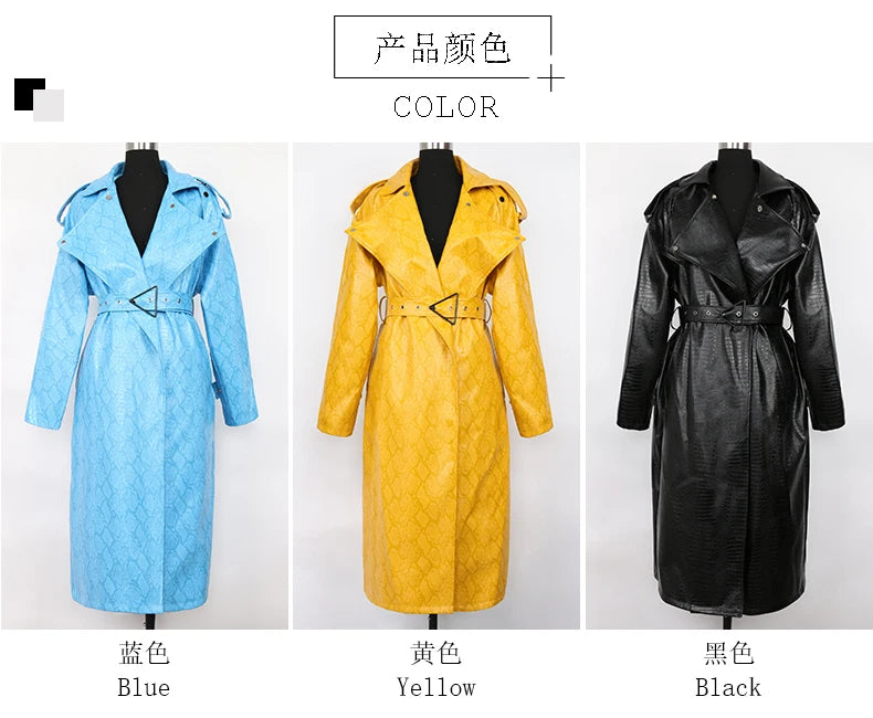 Nerazzurri Spring Autumn Long Oversized Colorful Snakeskin Print Patent Leather Trench Coat for Women Belt Runway Fashion 2022