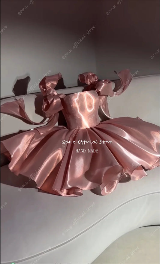 Qanz Pink Satin Prom Dresses Strapless Bow Satraps Short Birthday Dress Woman Sexy Lace Up Back платье на выпускной Customized
