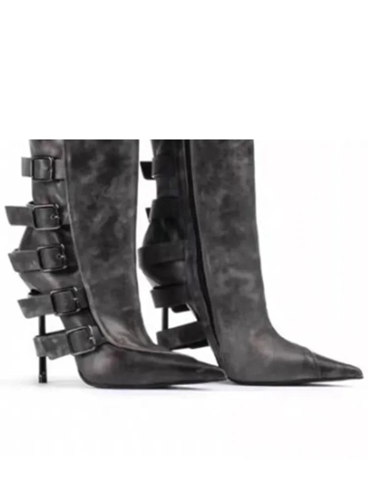 New Belt Buckle Stiletto High Heels Knee Length Boots Autumn/Winter Women's Fashion Pointed Party 34-46 Large Medium Boots