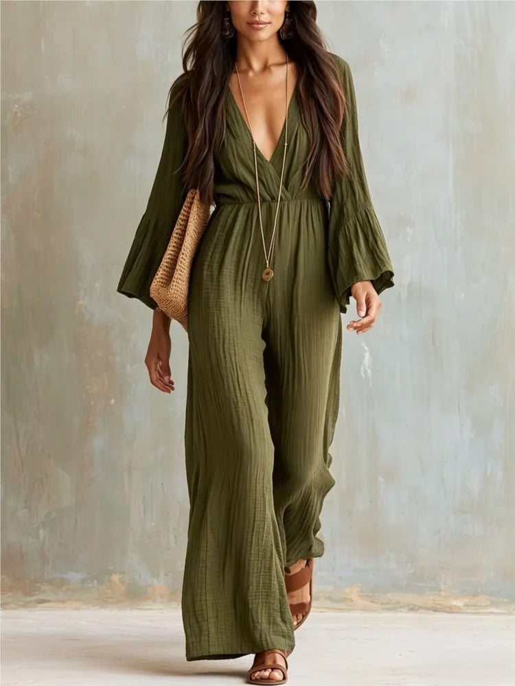 Women Sexy Deep V Neck Flare Sleeve Jumpsuits Spring Autumn Solid Crinkle High Waist Loose Casual Holiday Wide Leg Pants Romper