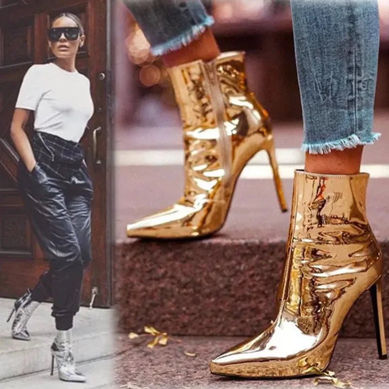 Design Ankle Boots Women Fashion Zipper Pointed High Heels Gold Silver Patent Leather Short Booties Shoes Catwalk Shoes
