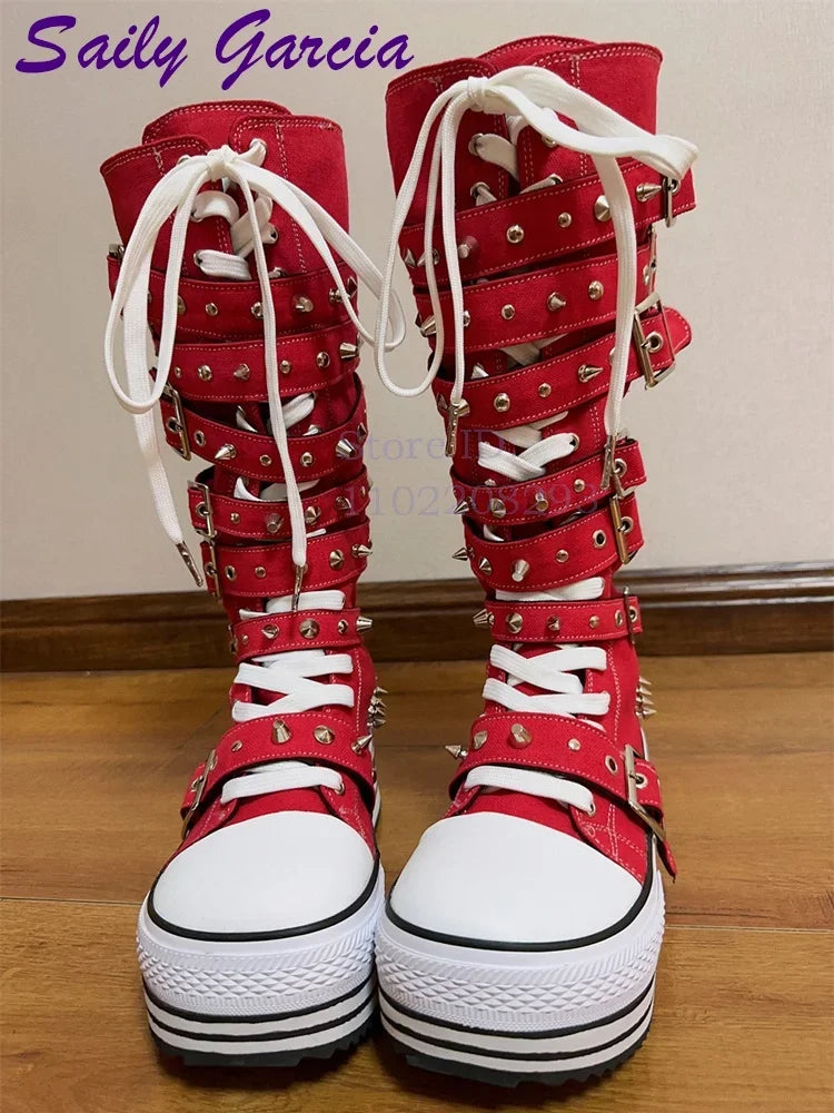 Festival Rave Orange Platform Boots Punk Rivet Buckle Straps Knee High Boots 2026 Fashion Thick Sole Women Shoes Party Footwear