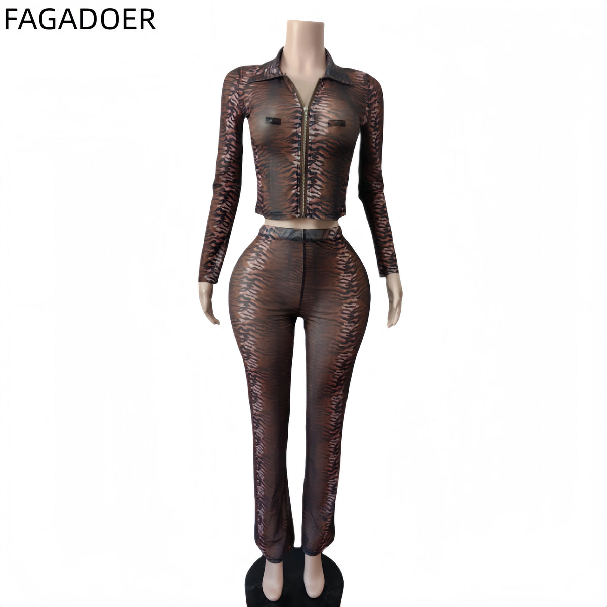 FAGADOER Y2K Fashion Tiger Striped Print Pants 2 Piece Sets Cool Girl Street Zipper Lapel Long Sleeves Top + Flare Pants Outfits